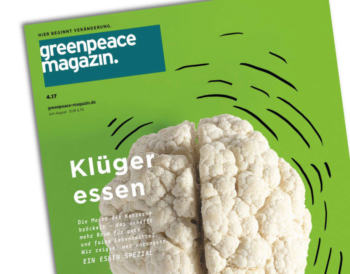 Titel des aktuellen "Greenpeace-Magazins": Zu sehen ist in der Mitte geteilter Blumenkohl, der dadurch ein wenig aussieht wie ein Gehirn, Überschrift: "Klüger essen"