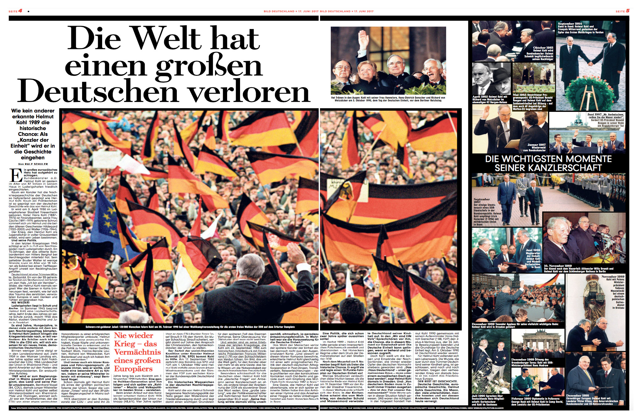 Doppelseite aus "Bild" vom 17.6.2017 mit vielen Fotos von Helmut Kohl und der Text-Überschrift: "Die Welt hat einen großen Deutschen verloren"