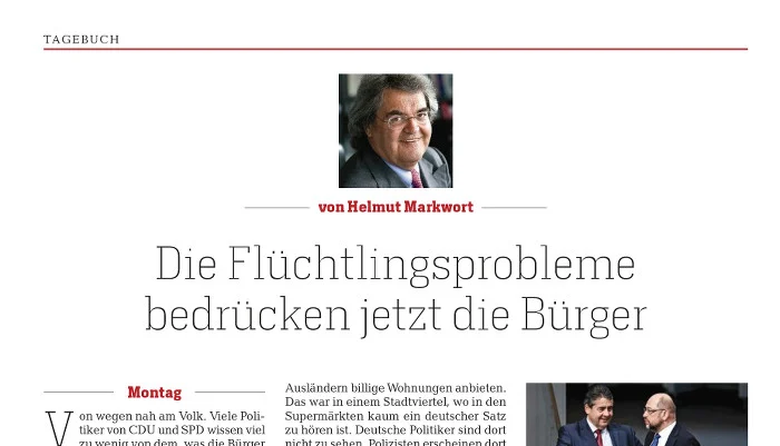 Titel der Kolumne von Helmut Markwort mit Foto, Überschrift: "Die Flüchtlingsprobleme bedrücken jetzt die Bürger"