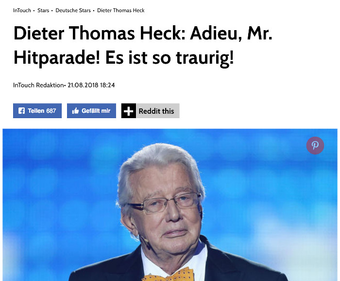Foto von Dieter Thomas Heck mit der Überschrift: "Dieter Thomas Heck: Adieu, Mr. Hitparade! Es ist so traurig"