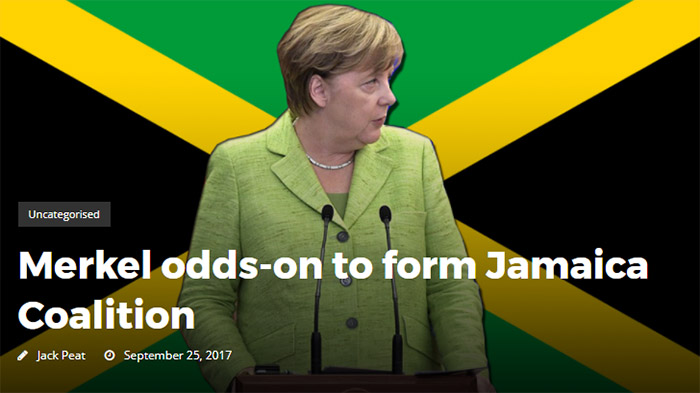 Angel Merkel vor einer Jamaika-Flagge