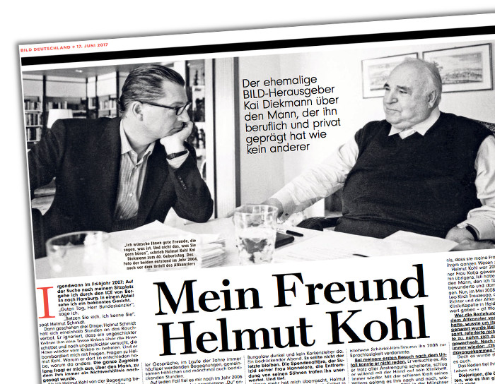 Nachruf auf Helmut Kohl von Ex-"Bild"-Herausgeber Kai Diekmann, Überschrift: "Mein Freund Helmut Kohl"