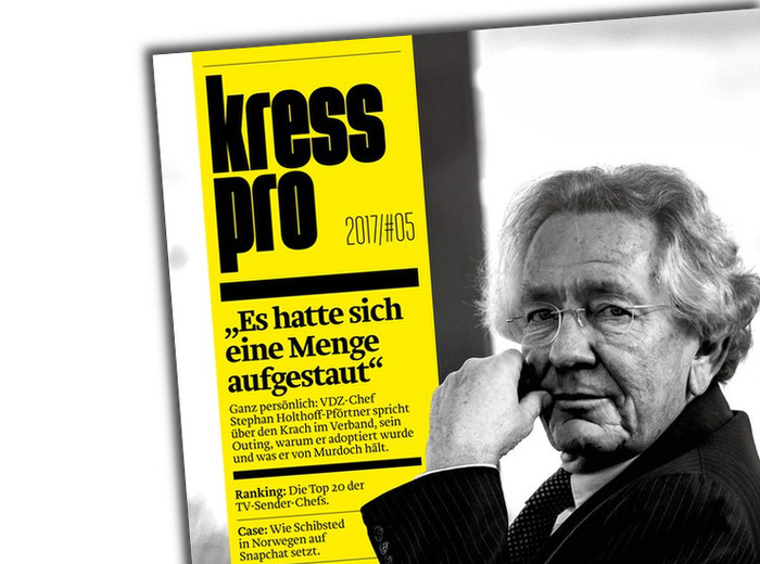 Titel der Zeitschrift "Kress Pro" mit einem Foto des designierten NRW-Medienministers Stephan Holthoff-Pförtner: Er sitzt, schaut nach links in die Kamera – graue, längere Haare, Brille, er fasst sich dabei leicht an die Wange mit der linken Hand.