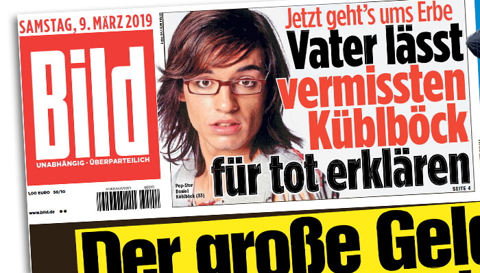 Schlagzeile auf der "Bild"-Titelseite: "Jetzt geht's ums Erbe - Vater lässt vermissten Küblböck für tot erklären"