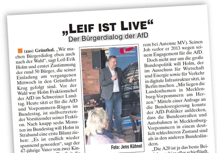 Artikel mit der Überschrift "Leif ist live" und einem kleinen Foto des AfD-Abgeordneten, wie er vor Publikum redet.