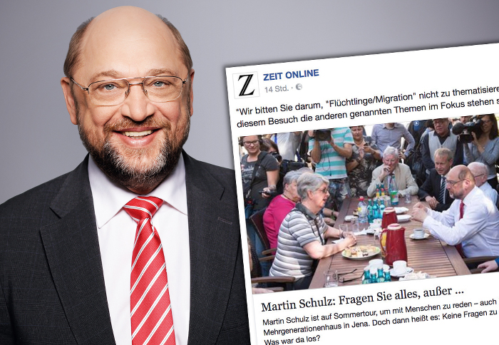 Links ist Martin Schulz zu sehen, recht der Facebook-Post von "Zeit Online" über ihn.