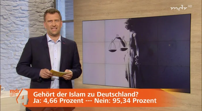 Moderator im Studio und das eingeblendete Ergebnis der Islam-Umfrage.