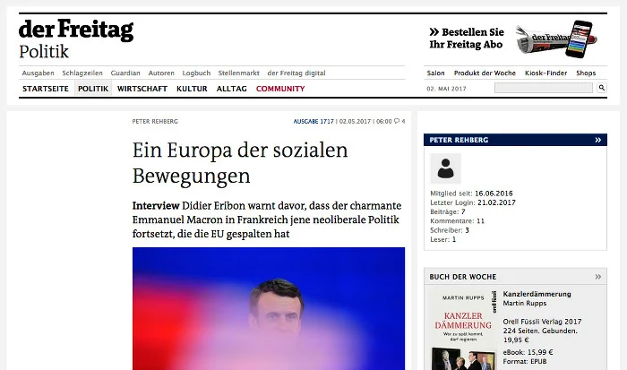 Screenshot des wieder gelöschten Interviews mit Didier Eribon in der Wochenzeitung "Der Freitag"