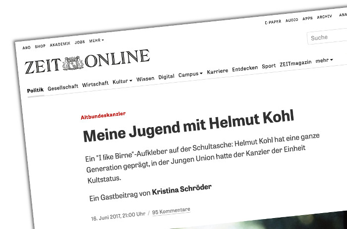Nachruf von Kristina Schröder auf Helmut Kohl auf Zeit.de, Überschrift: "Meine Jugend mit Helmut Kohl"
