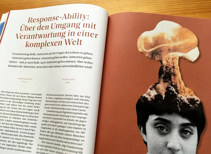 Links Text, rechts eine Frau, aus deren Kopf ein Atompilz steigt.