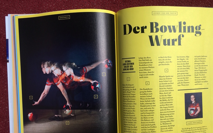 Doppelseite aus dem Magazin "No Sports" mit der Überschrift: "Der Bowling-Wurf" und einem Foto, das einen solchen Wurf in verschiedenen Etappen zeigt.