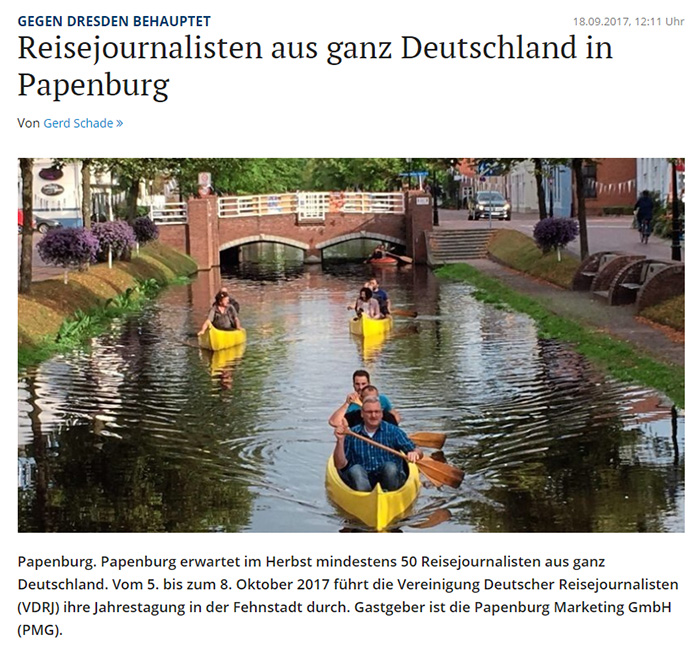 Reisejournalisten aus ganz Deutschland in Papenburg [dazu ein Foto von Journalisten auf Kanutour]