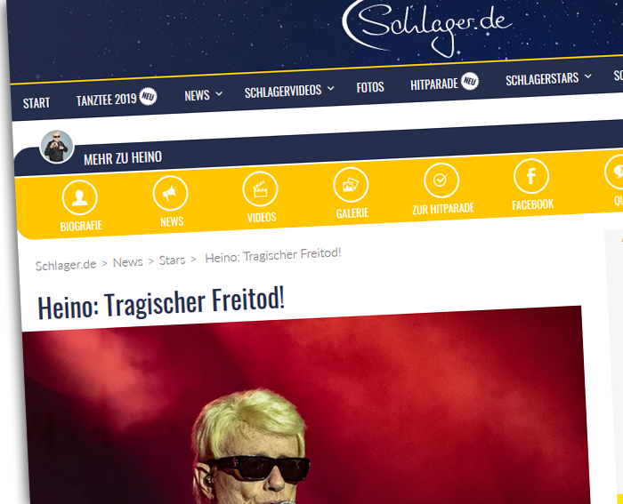 Schlagzeile von Schlager.de: "Heino: Tragischer Freitod!"