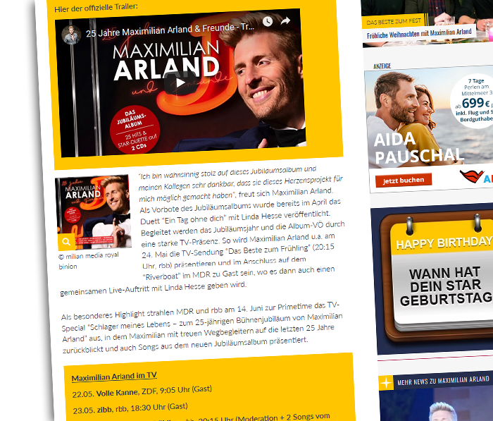 Artikel auf Schlager.de über das neue Album von Maximilian Arland, inklusive eingebettetem Trailer, Albumcover und Terminen seiner TV-Auftritte
