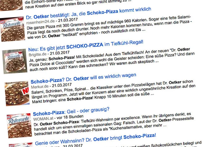 Screenshot Google News zur Schoko-Pizza von Dr. Oetker
