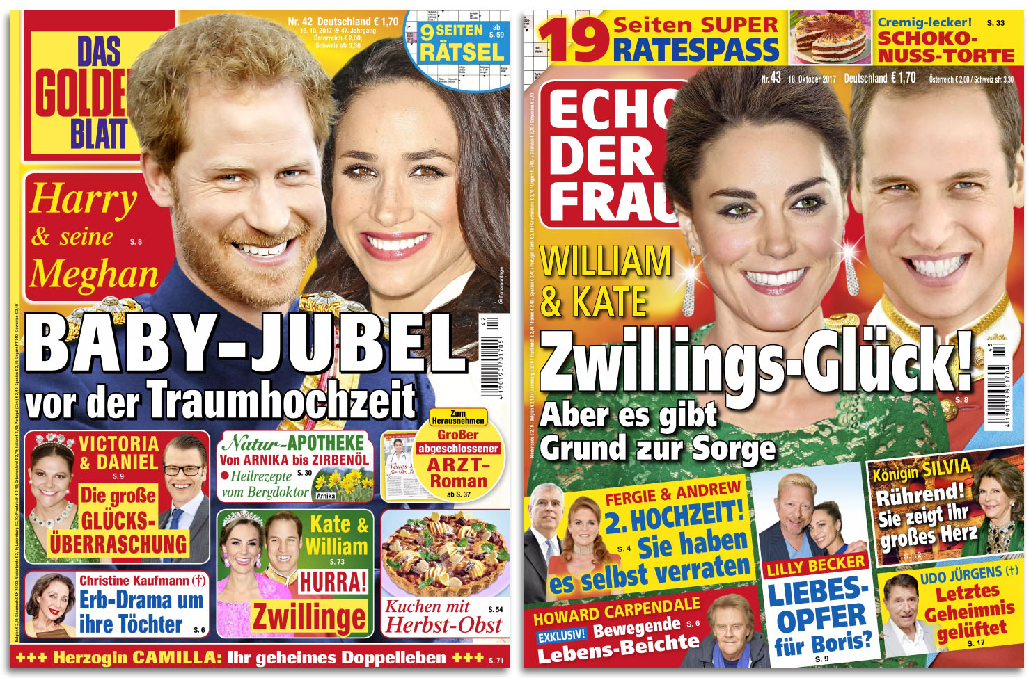 Links: "Das goldene Blatt", Titelschlagzeile: "Harry & seine Megan - BABY-JUBEL vor der Traumhochzeit" | Rechts: "Echo der Frau", Titelschlagzeile: "William & Kate - Zwillings-Glück - Aber es gibt Grund zur Sorge"