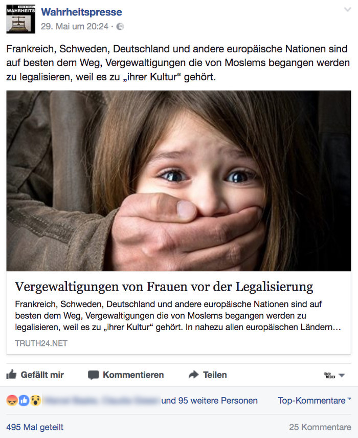 Screenshot eines Facebook-Postings des Users "Wahrheitspresse". Auf dem Foto ist ein weinendes Mädchen zu sehen, dem von einem Mann der Mund zugehalten wird. Überschrift: "Vergewaltigungen von Frauen vor der Legalisierung"