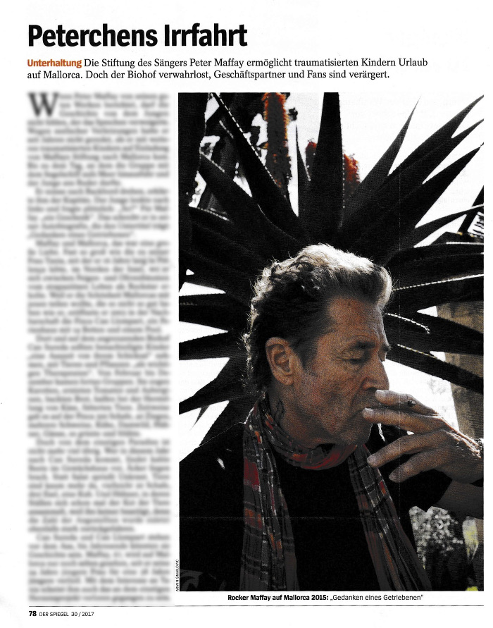 Artikel aus dem "Spiegel": Rechts ein Foto von Peter Maffay, rauchend; links unscharfer Text, Überschrift: "Peterchens Irrfahrt"