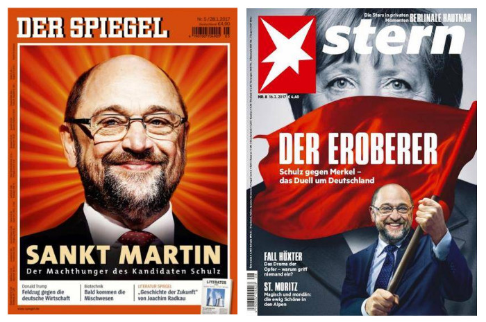 Zwei Cover. Der "Spiegel" titelt "Sankt Martin" auf einen Foto von Martin Schulz mit Strahlen um den Kopf. Auf dem titel des 2Stern" schwenkt Schulz eine rote Fahne vor einer schwarz-weißen Angela Merkel, Schlagzeile: "Der Eroberer".