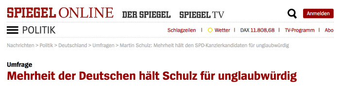 Ausriss aus einem Artikel von "Spiegel Online" mit der Überschrift "Mehrheit der Deutschen hält Schulz für unglaubwürdig"