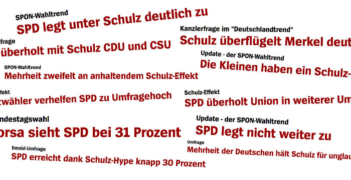 Collage aus "Spiegel Online"-Überschriften zum Umfrage-Erfolg der SPD