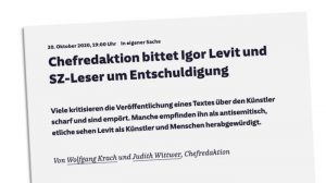 Chefredaktion bittet Igor Levit und SZ-Leser um Entschuldigung
