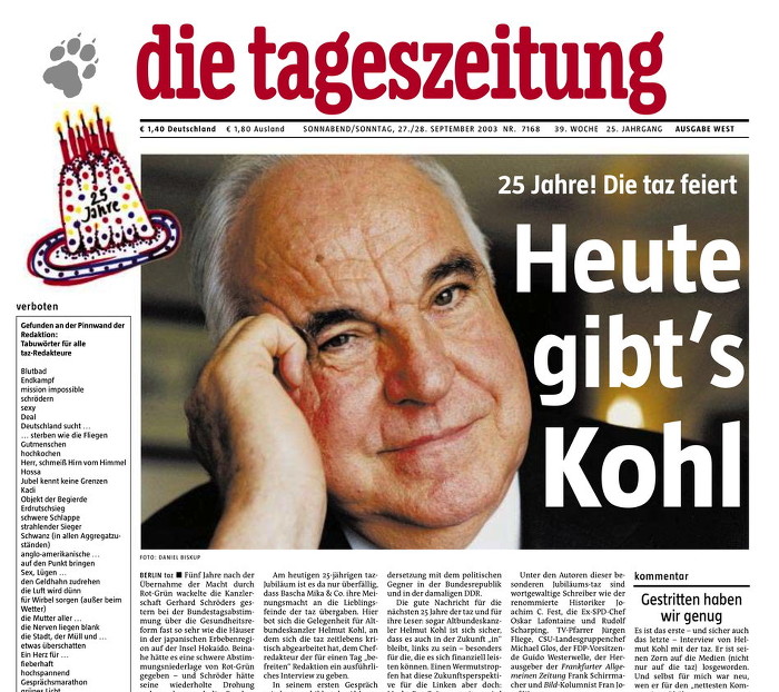 Titelseite der "taz" von 2003 mit einem Foto von Helmut Kohl, Überschrift: "Heute gibt's Kohl"