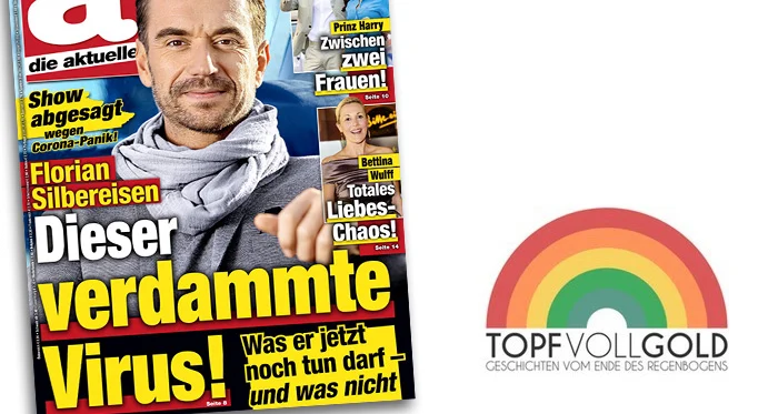 Große Titelschlagzeile von "Die Aktuelle": "Florian Silbereisen - Dieser verdammte Virus! - Was er jetzt noch tun darf - und was nicht" Und als kleinere Ergänzung darüber: "Show abgesagt wegen Corona-Panik!"