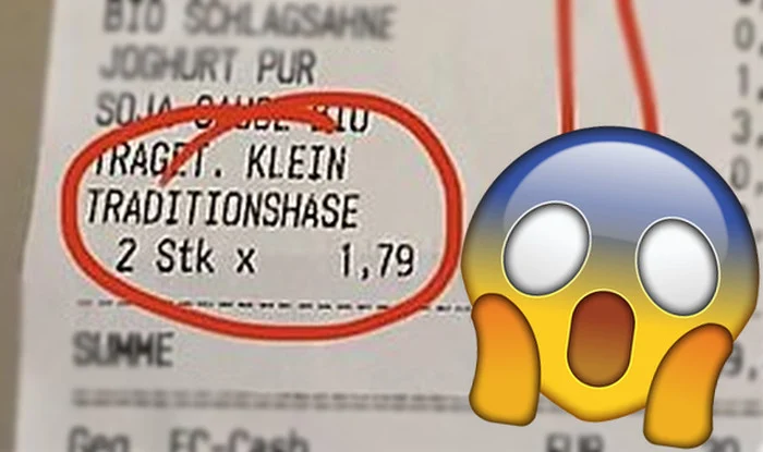 Foto eines Kassenbons, auf dem "Traditionshase" steht, daneben ein schreiender Smiley.