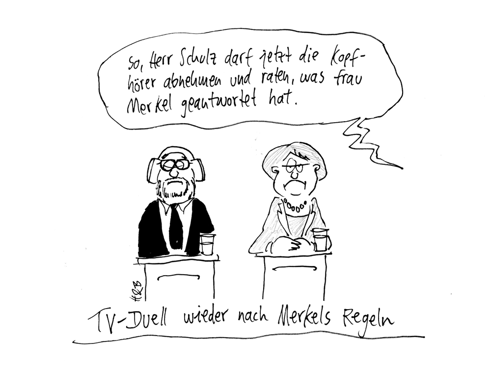 "So, Herr Schulz darf jetzt die Kopfhörer abnehmen und raten, was Frau Merkel geantwortet hat." - TV-Duell wieder nach Merkels Regeln