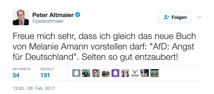 Tweet von @peteraltmaier: "Freue mich sehr, dass ich gleich das neue Buch von Melanie Amann vorstellen darf: "AfD: Angst für Deutschland". Selten so gut entzaubert!"