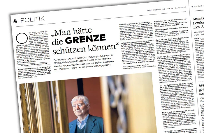 Eine Seite aus der "Welt am Sonntag" vom 11.6.2017 mit dem Interview mit Otto Schily, Überschrift: "Man hätte die Grenze schützen können"