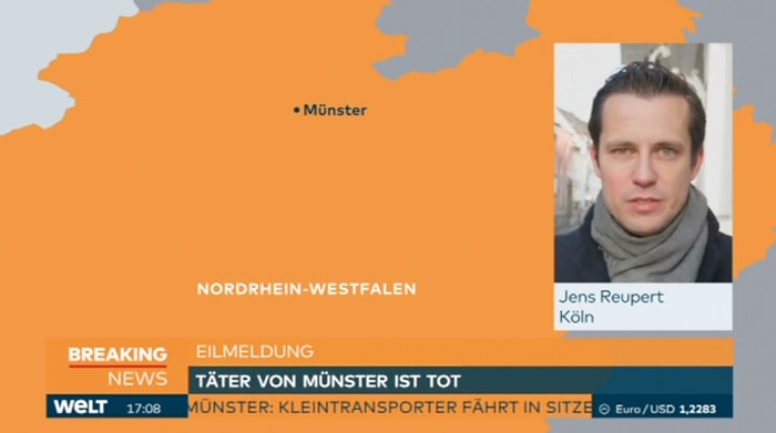 Landkarte von NRW, in der Münster einzeichnet ist, und daneben ein Foto des Reporters in Köln.