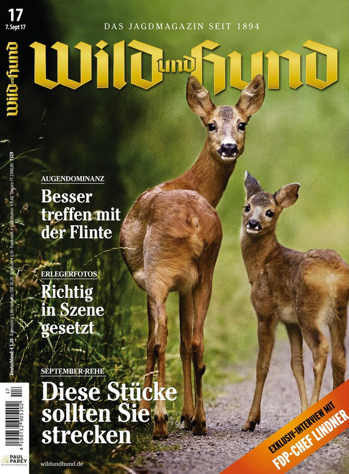 Titelseite der Zeitschrift "Wild & Hund" vom 7.9.2017 mit zwei Rehen, die sich zur Kamera umblicken.