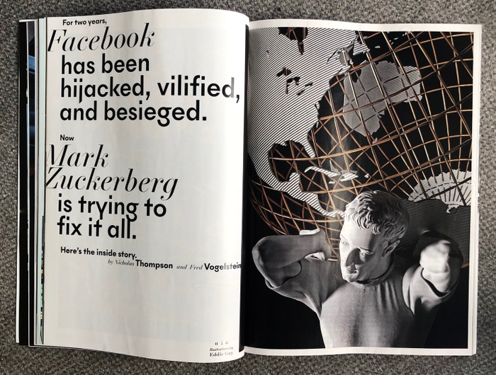 Rechts ist eine Zuckerberg-Figur zu sehen, die eine Erdkugel schultert, links Text.