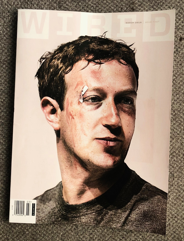 Auf dem Titel ist ein Gemälde eines im Gesicht verwundeten Marc Zuckerberg zu sehen.